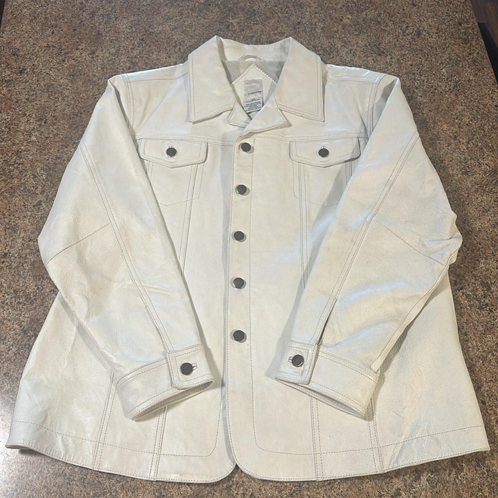 Roamans Leather Jacket White Womens Size 22W Button Closure Long Sleeve